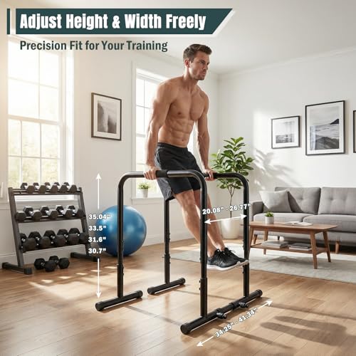OLIXIS Dip Bar, Adjustable Heavy Duty Dip Station with Soft Foam Handles | Stabilizer Parallel Parallette Bar Fitness Equipment for Home, Gym, Patio, Office