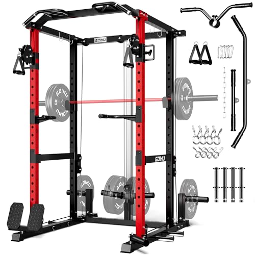 RH01 Power Cage Rack, 2000LBS Squat Rack with with Cable Crossover System&LAT Pull Down System, Multi-Function Workout Cage for Home&Garage Gym - color: Red-SE, size: RH01 Power Cage