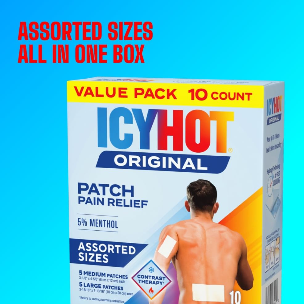 Icy Hot Original Pain Relief Patch Variety Pack with 5% Cooling Menthol for Fast-Acting Muscle and Joint Pain Relief, 5 Medium and 5 Large Comfortable Fabric Patches, 10 Ct., 2 pk - size: 10 Count (Pack of 2)