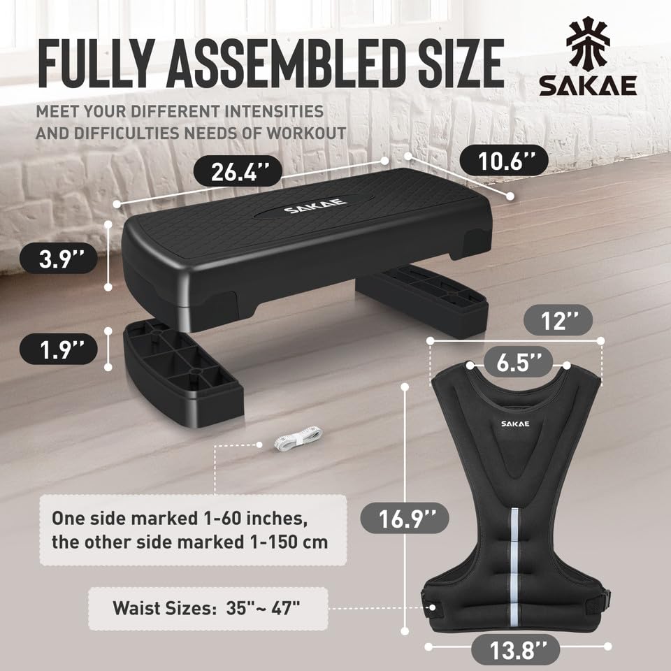 SAKAE Aerobics Step Platform Set with Weighted Vest & Measuring Tape, Adjustable Height 2 Level Risers Workout Step Trainer with Non-Slip Surface, Step Platform for Home Exercise, Multiple Colors - color: Black