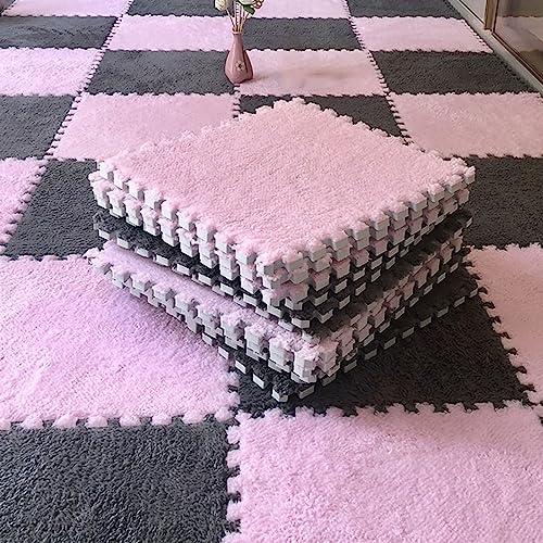 10pcs Plush Puzzle Foam Floor Mat, Soft Fluffy Interlocking Square Foam Tiles Area Rugs Carpet for Parlor Bedroom Decoration(11.8x11.8in, Grey&Pink) - color: Grey&pink