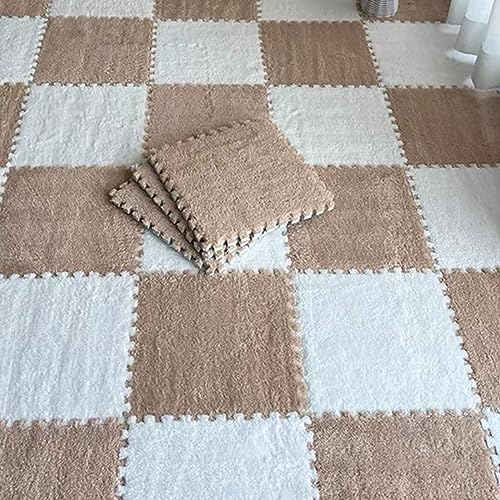 10pcs Plush Puzzle Foam Floor Mat, Soft Fluffy Interlocking Square Foam Tiles Area Rugs Carpet for Parlor Bedroom Decoration(11.8x11.8in, White & Apricot) - color: White & Apricot