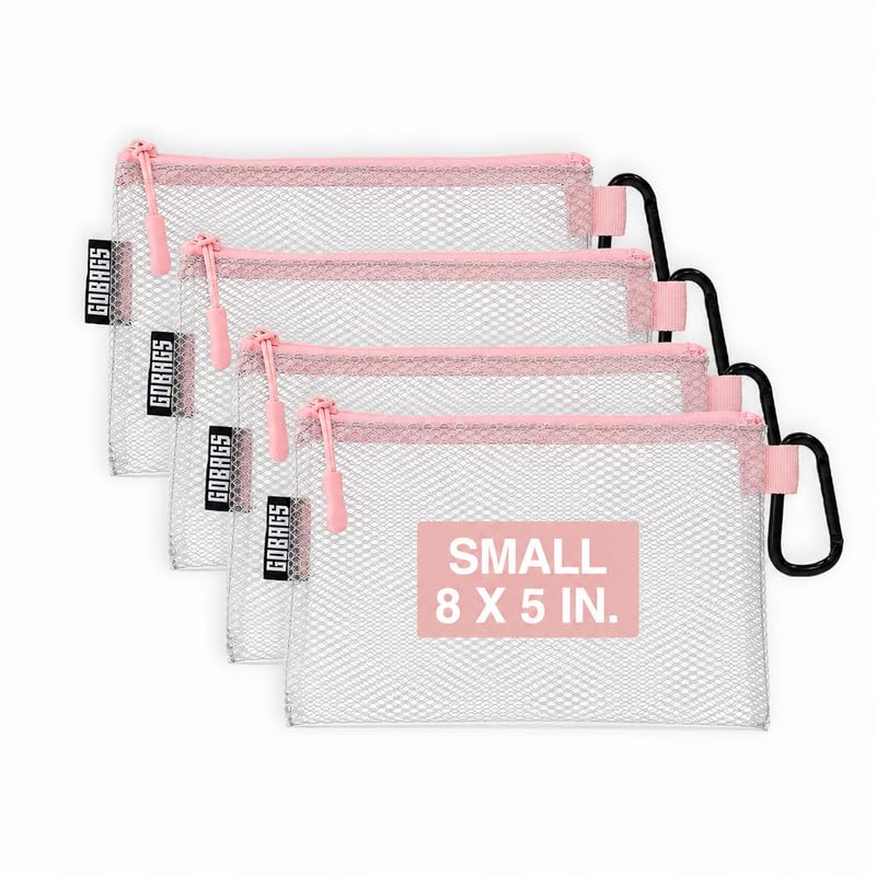 GOBAGS Air Production Small Clear Zipper Pouch (4-Pack) – Cable Organizer & Travel Gear Bag for Electronics, Camera Accessories, Tool Pouch & Small Tech Storage (Pink) - color: Pink, size: Small