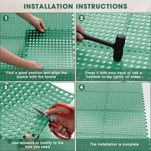 Drydiet 8 Pack Drainage Tiles Modular Interlocking Floor Tiles with 1 Pc Plastic Hammer 12" x 12" Cushion Mat Non Slip Rubber Floor mat with Holes for Pool Bathroom Deck Kitchen Patio (Dark Green) - color: Dark Green