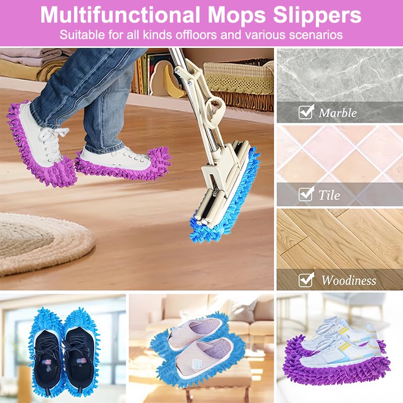 Mop Slippers Reusable Microfiber Cleaning Slippers for Floors, Multi-Function Washable Mop Slippers for Home, Kitchen & Bathroom, Purple(1 Pair)