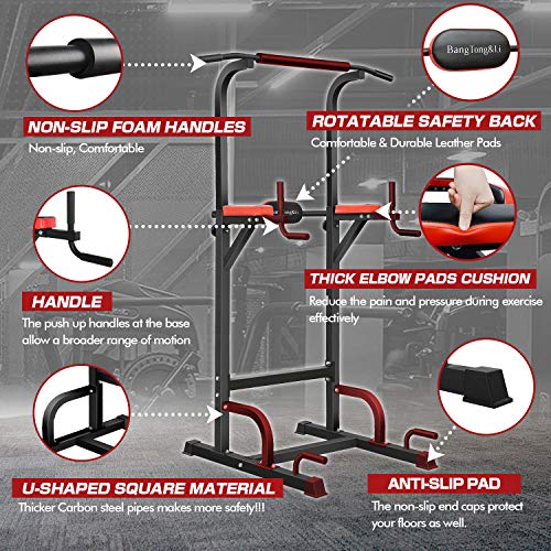 BangTong&Li Power Tower, Pull Up Bar Dip Station/Stand for Home Gym Strength Training Workout Equipment - color: black+red