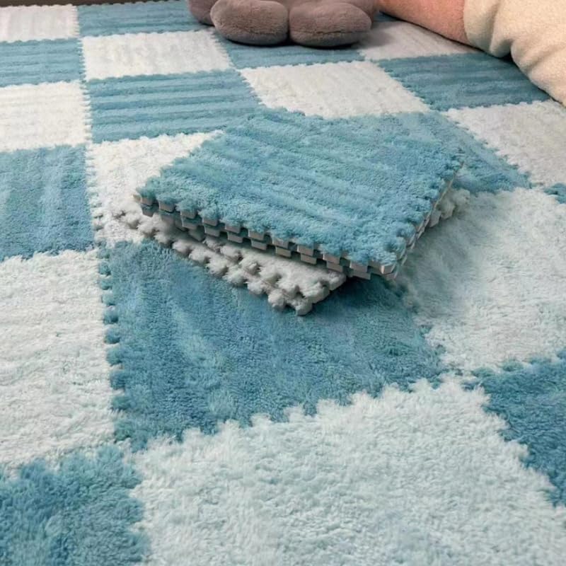 12Pcs Plush Foam Floor Mat,Plush Interlocking Carpet Tiles,Anti-Slip Square Puzzle Floor Mat,EVA Foam Area Rugs for Bedroom Playroom (Light Blue + Dark Blue) - color: Light Blue + Dark Blue