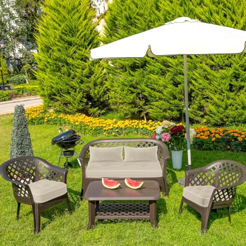 Chunful Set of 5 Outdoor Bench Cushions Set 44 x 19 Inch Tufted Waterproof Patio Furniture Seat Pad with Throw Pillows Loveseat Cushion for Square Settee Indoor Sofa Wicker Couch (Beige White) - color: Beige White