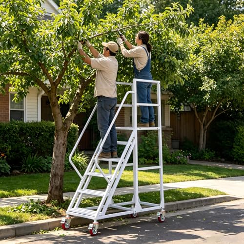 6 Step Rolling Warehouse Step Ladder, Industrial Mobile Staircase on Wheels, 1100Lbs Weight Capacity, Heavy Duty Mobile Platform Ladder with Handrails, Suitable for Warehouse, Library (White, 6 steps) - color: White