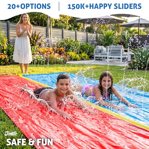 JAMBO Premium 18Ft Budget Slip Splash and Slide, Heavy Duty Water Slide with Advanced Sprinkler System, Backyard Waterslide, Splash Mat, Outdoor Water Toys n Slides for Kids - color: 18' Multicolor