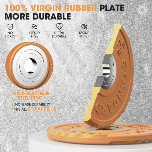 FEIERDUN Color Bumper Plate Set, 2-Inch Olympic Weight Plates, Low Bounce Rubber Barbell Plates with Stainless Steel Insert for Weightlifting, Strength Training, CrossFit & Home Gym, 10LB-370LB - style: B) 15LBS Pair