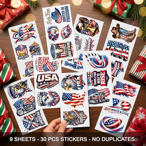 30 PCS USA Patriotic Stickers Pack, American Flag Vinyl Waterproof Sticker, July 4th Anniversary Independence Day Decals for Laptop Water Bottle Helmet Scrapbook Gifts for Adults Teen Student - color: Us Flag Sticker