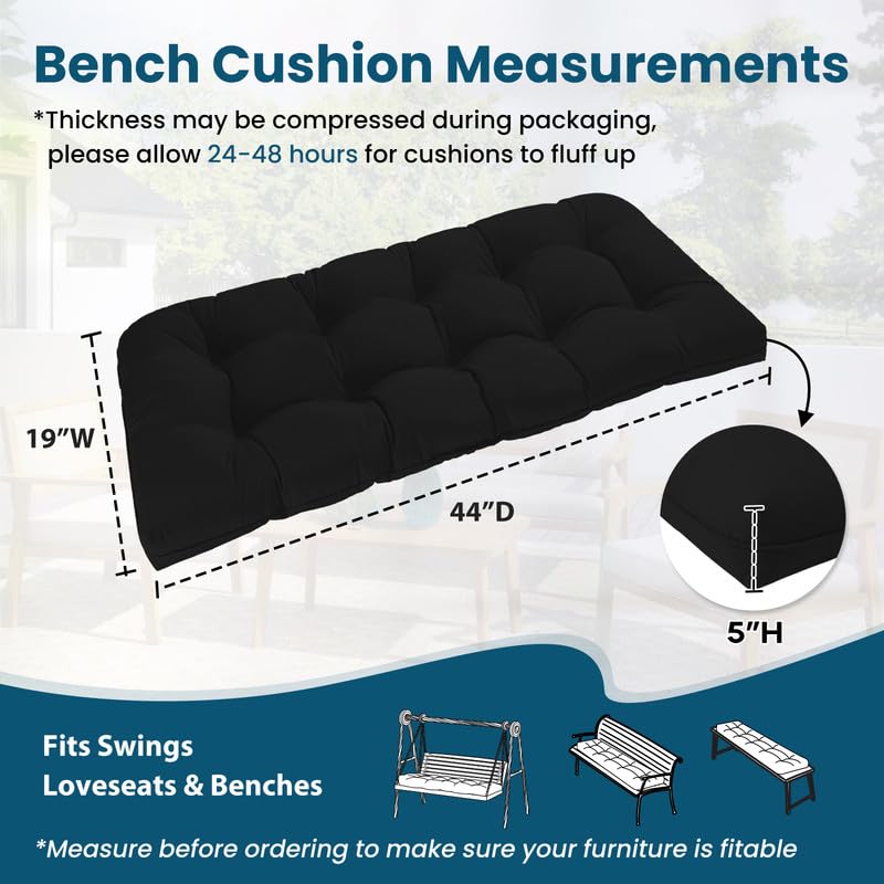 Tufted Bench Cushions for Outdoor Furniture, 44" x 19" Porch Swing Cushions Filled with Foam, Overstuffed Patio Cushions for Bench Loveseat with 2-3 Seats,Thick and Water Resistant, Black - color: Black, size: 44" x 19" x 5"