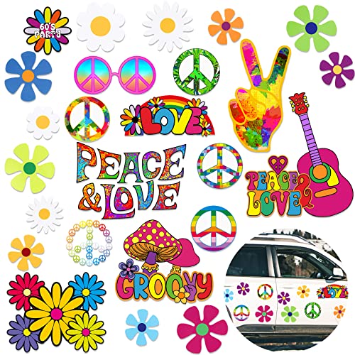 BBTO 25 Pcs Car Magnet Decorations 60s Hippie Theme Party Magnetic Decals Fridge Magnets Flower Peace Sticker Love Sign Colorful for Refrigerator Mailbox (Car Style) - color: Retro Color