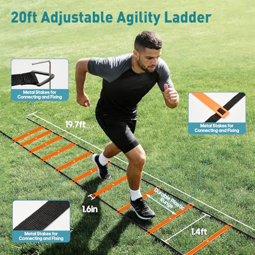 Agility Ladder Speed Training Equipment Set, 4 Adjustable Hurdles | 20 ft Ladder, 12 Cones, Jump Rope, Resistance Parachute, Soccer, Basketball, Football Practice Equipment for Youth, Adults - color: Orange, size: 17.18"*5.72"*13.32"