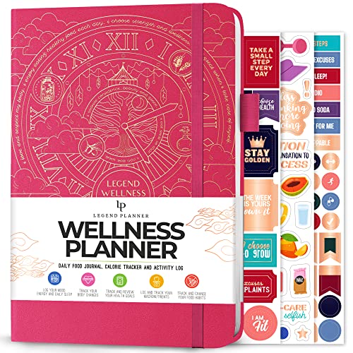 Legend Wellness Planner & Food Journal – Daily Diet & Health Journal with Weight Loss, Measurement & Exercise Trackers – Lifestyle & Nutrition Diary – Lasts 6 Months, A5 size – Hot Pink - color: Hot Pink Gold Foil, size: A5 (5.8” x 8.3”)