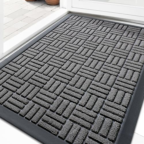 OLANLY Front Door Mat Outside Entrance 29.5x17, Absorbent, Heavy Duty Sturdy Natural Rubber Doormat Indoor Outdoor, Stain and Fade Resistant, Non-Slip Backing Low Profile Floor Mat for Entryway, Grey - color: Grey, size: 29.5" X 17"