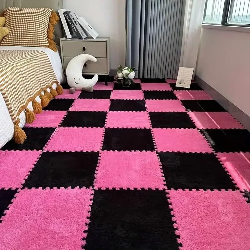 16 Pack Plush Floor Mat,EVA Foam Home Decor Mat,for Home Gym(Rose-Black) - color: Rose-black