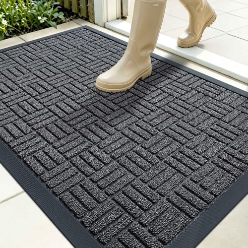 OLANLY Front Door Mat Outside Entrance 35x23, Absorbent, Heavy Duty Sturdy Natural Rubber Doormat Indoor Outdoor, Non-Slip, Stain and Fade Resistant, Low Profile Floor Mat for Entryway, Black Gray - color: Black Gray, size: 35" X 23"
