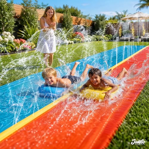 JAMBO 22ft Double Lane Slip Splash and Slide with 2 Bodyboards with Built in Sprinkler for Backyard Outdoor Water Fun for Kids - color: 22.5' Multicolor