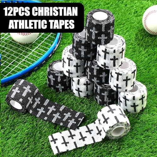 Geiserailie 12 Pack Christian Athletic Tapes 2 Inch x 5 Yards Self Adhesive Bandages Sports Wraps Breathable Elastic Wrap Non Woven Bandage for Wrist, Ankle, Baseball Football (White and Black) - color: White and Black