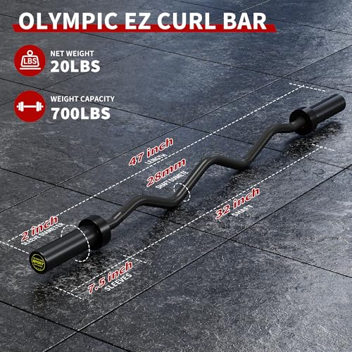 Olympic EZ Curl Bar 47" – 700LB Capacity 2-Inch Curling Bar for Bicep & Tricep Workouts, Hip Thrusts, Squats, Rows – Anti-Slip Diamond Knurling, Ergonomic Wrist-Friendly Curved Shaft for Home Gym - color: Black