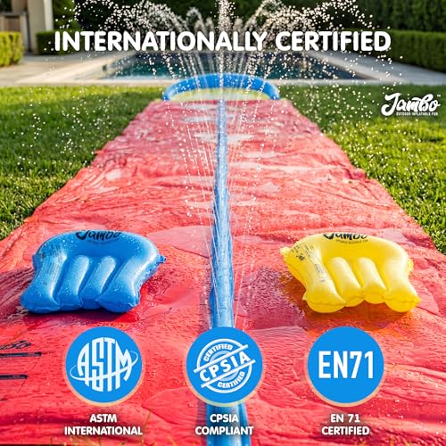 JAMBO 32FT Extra Extra Long Slip Splash and Slide, 2 Bodyboards, Heavy Duty Water Slide with Inflatable Crash Pad, Double Lane Slip Slides, Outdoor Backyard Water Slides n Toys for Kids - color: 32' Multicolor