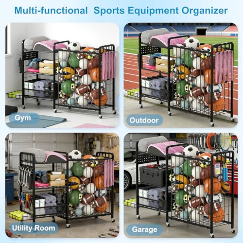 Sports Equipment Garage Organizer,Garage Ball Storage Rack for Sports with Wheels-Upgraded 3 Layers Organizer Rack Outdoor Basketball Racks for Balls with Holder and Hooks (Deep Black) - color: Deep Black