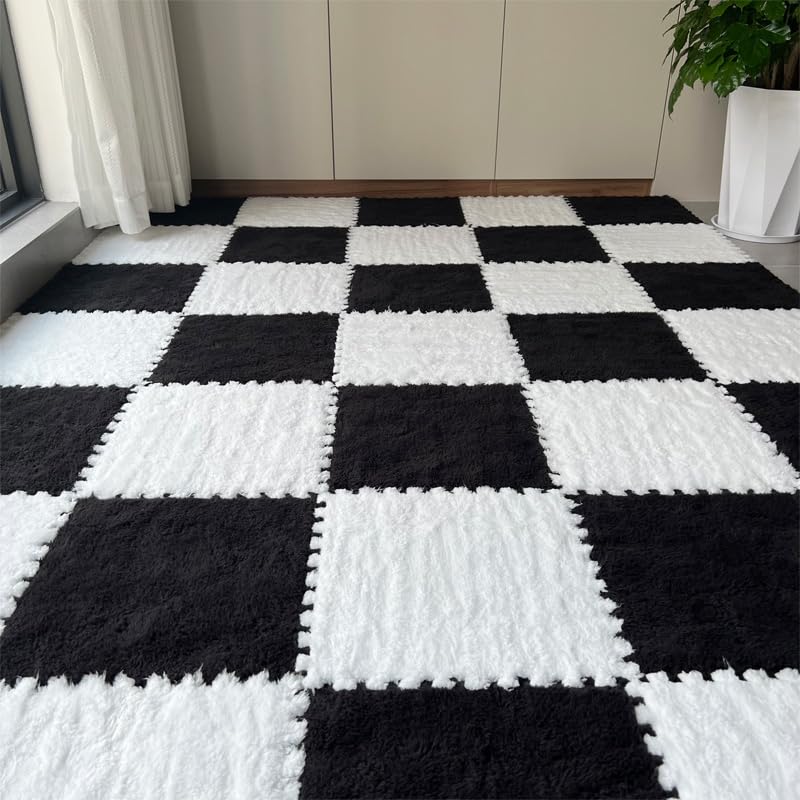 12Pcs Plush Foam Floor Mat,Plush Interlocking Carpet Tiles,Anti-Slip Square Puzzle Floor Mat,EVA Foam Area Rugs for Bedroom Playroom (White+Black) - color: White+black