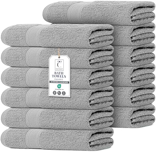 Commercial Bulk Pack of 12 Bath Towels – 100% Cotton Terry 24" x 48" – Ideal for Hotels, Salons, Gyms, Spas & Institutional Use – Light Grey - color: Light Grey, size: 24"x48" - PK 12