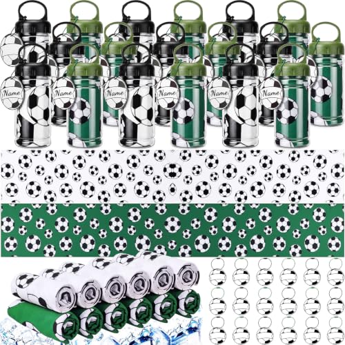 18 Set Soccer Cooling Towels with Plastic Container and Name Card 40"x12" Microfiber Breathable Chilly Ice Towel Sweat Towels Bulk for Neck Players Team Gift Sport Running Party Favors - style: Soccer 2