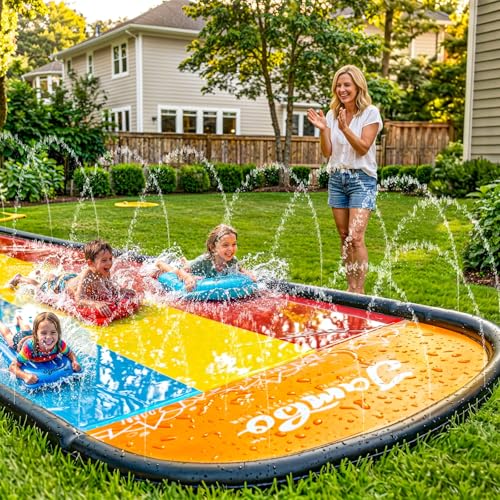 JAMBO Premium Triple Water Slide and 3 Bodyboards, 16Ft Heavy Duty Slip Splash and Slides-Advanced 3-Way Sprinkler System, Splash Pad Mat Backyard Summer Outdoor Water Toys n Long Slides for Kids - color: 16' Multicolor