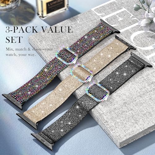 LETOID Stretchy Bands for Apple Watch Band Women Men Adjustable Solo Loop | Skin-Friendly Elastic Nylon Replacement Strap, iWatch Series 11 10 9 8 7 6 5 4 3 2 1 SE Ultra 49 46 45 44 42 41 40 38mm - color: 3-Pack: Iridescent Black / Black / Gold-Black, siz