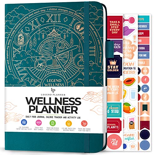 Legend Wellness Planner & Food Journal – Daily Diet & Health Journal with Weight Loss, Measurement & Exercise Trackers – Lifestyle & Nutrition Diary – Lasts 6 Months, A5 size – Dark Teal - color: Dark Teal Gold Foil, size: A5 (5.8” x 8.3”)