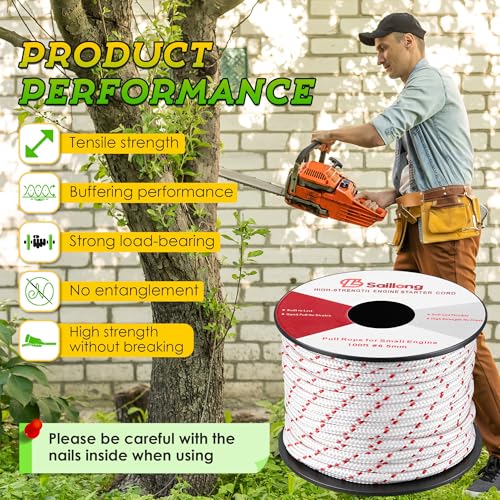 Saillong 5mm 100ft Starter Rope, Pull Cord Rope for Small Engine with 2 Starter Handle, Wear Resistant, Low Stretch, Replacement for Lawn Mower Chainsaw Trimmer Edger Brush Cutter (White & Red) - color: White & Red, size: 5mm