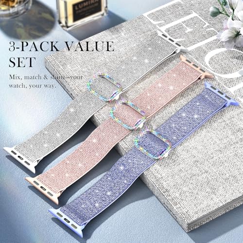 LETOID Stretchy Bands for Apple Watch Band Women Men Adjustable Solo Loop | Skin-Friendly Elastic Nylon Replacement Strap, iWatch Series 11 10 9 8 7 6 5 4 3 2 1 SE Ultra 49 46 45 44 42 41 40 38mm - color: 3-Pack: Pink / Silver-White / Purple, size: 38mm/4