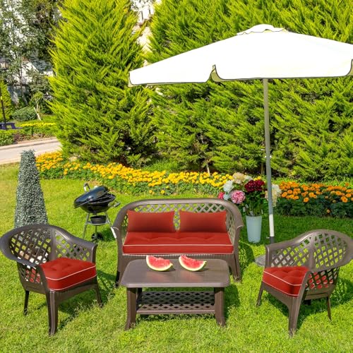 Chunful Set of 5 Outdoor Bench Cushions Set 44 x 19 Inch Tufted Waterproof Patio Furniture Seat Pad with Throw Pillows Loveseat Cushion for Square Settee Indoor Sofa Wicker Couch(Wine Red) - color: Wine Red
