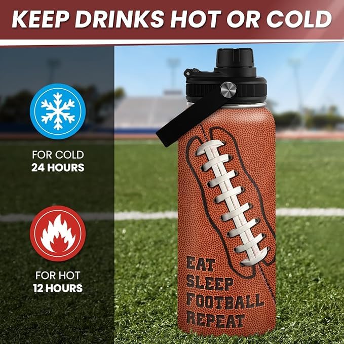 SANDJEST Football Water Bottle 32oz Insulated Stainless Steel Sports Bottle - Football Fans - color: Football 2