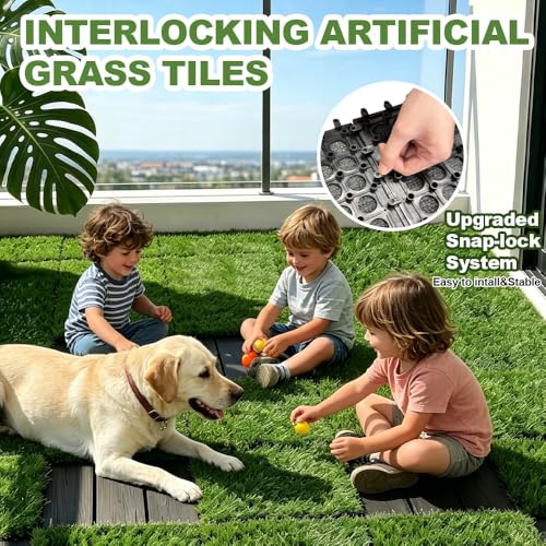 Qingbei Rina Artificial Grass Turf Tiles, 12"x12"/9 Pack | Highly Permeable,Interlocking System,Anti-UV,Non-toxic Recycle Repeat,Indoor Outdoor Faux Grass Rug