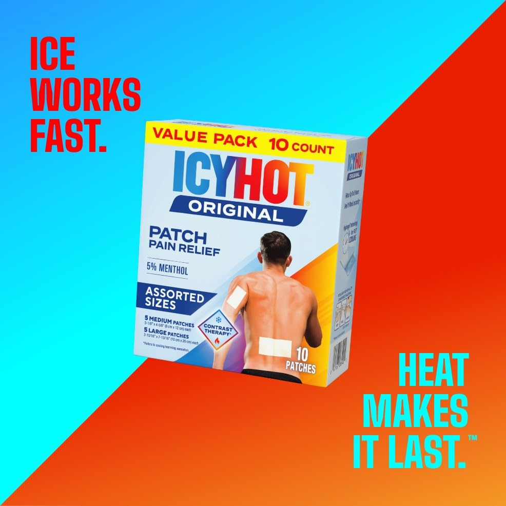 Icy Hot Original Pain Relief Patch Variety Pack with 5% Cooling Menthol for Fast-Acting Muscle and Joint Pain Relief, 5 Medium and 5 Large Comfortable Fabric Patches, 10 Ct., 2 pk - size: 10 Count (Pack of 2)