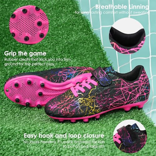 brooman Kids Firm Ground Soccer Cleats Girls Football Cleats with Shin Guards and Soccer Socks - color: Black Fuchsia, size: 9 Toddler