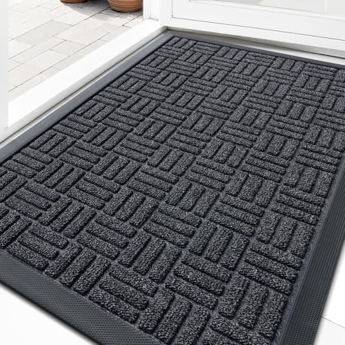 OLANLY Front Door Mat Outside Entrance 29.5x17, Absorbent, Heavy Duty Sturdy Natural Rubber Doormat Indoor Outdoor, Non-Slip, Stain and Fade Resistant, Low Profile Floor Mat for Entryway, Black Gray - color: Black Gray, size: 29.5" X 17"