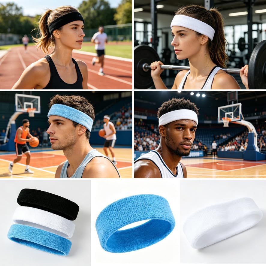 3 Pack Men & Women Sports Sweatbands Headbands - color: Purple,White,Black