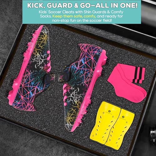 brooman Kids Firm Ground Soccer Cleats Girls Football Cleats with Shin Guards and Soccer Socks - color: Black Fuchsia, size: 10 Toddler