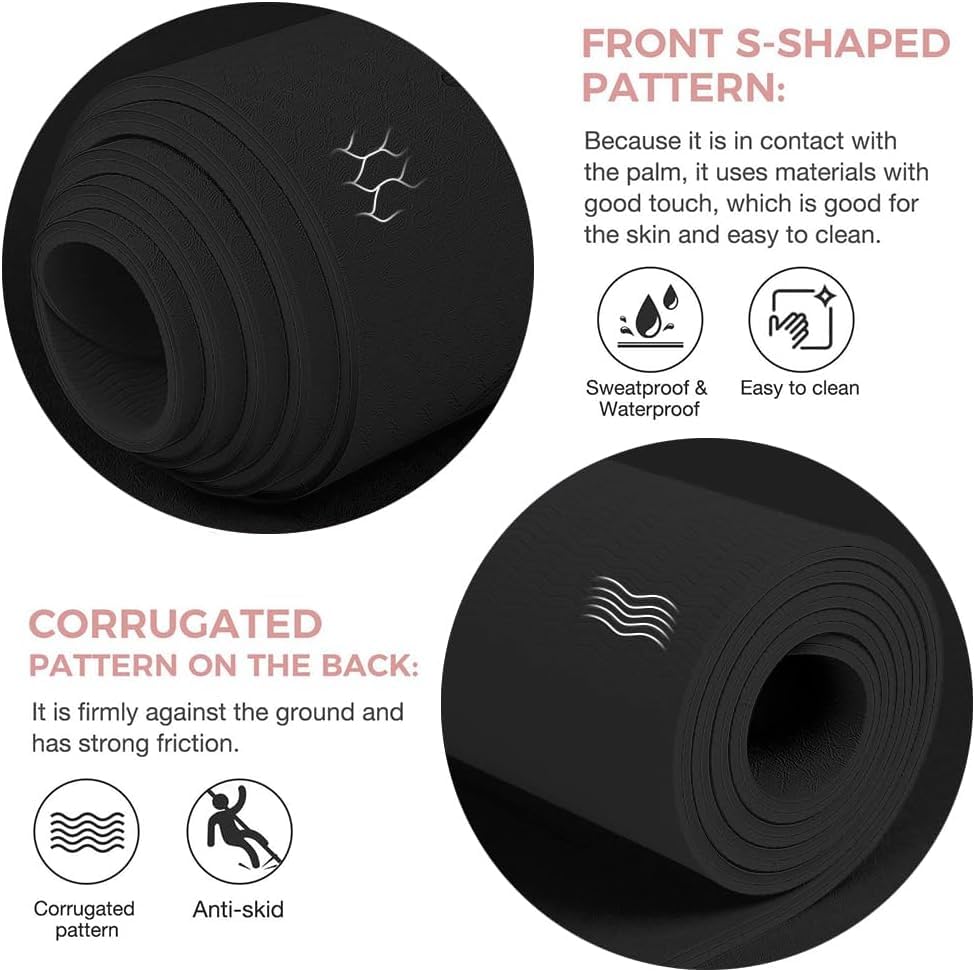 Gruper Yoga Mat Non Slip TPE Extra Wide Yoga Mat with Alignment Mark, 72"L x 32"W x 0.32"/0.24"Th (183cm x 80cm x 8mm/6mm), Anti-Tear Exercise Mat with Carrying Strap and Bag, Workout Mats for Yoga, Pilates - color: Black, size: 0.24*32*72 Inches