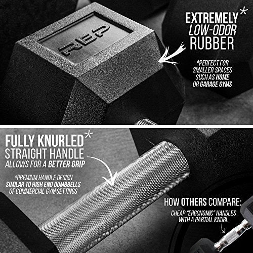 Rep Fitness Rubber Hex Dumbbell(s) - Singles (55LB +) and Pairs (5LB - 50LB) - Low Odor, Fully Knurled Handle - style: 7.5 LB Pair