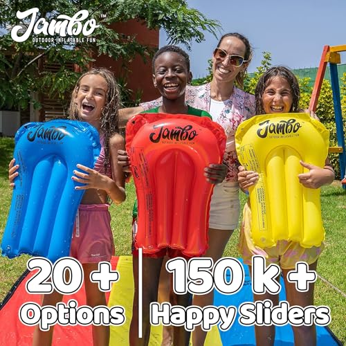 JAMBO 22ft Double Lane Slip Splash and Slide with 2 Bodyboards with Built in Sprinkler for Backyard Outdoor Water Fun for Kids - color: 22.5' Multicolor