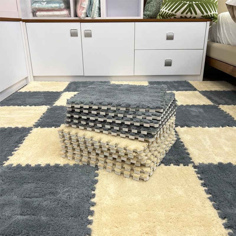 12Pcs Plush Foam Floor Mat,Plush Interlocking Carpet Tiles,Anti-Slip Square Puzzle Floor Mat,EVA Foam Area Rugs for Bedroom Playroom (Grey + Beige) - color: Grey + Beige