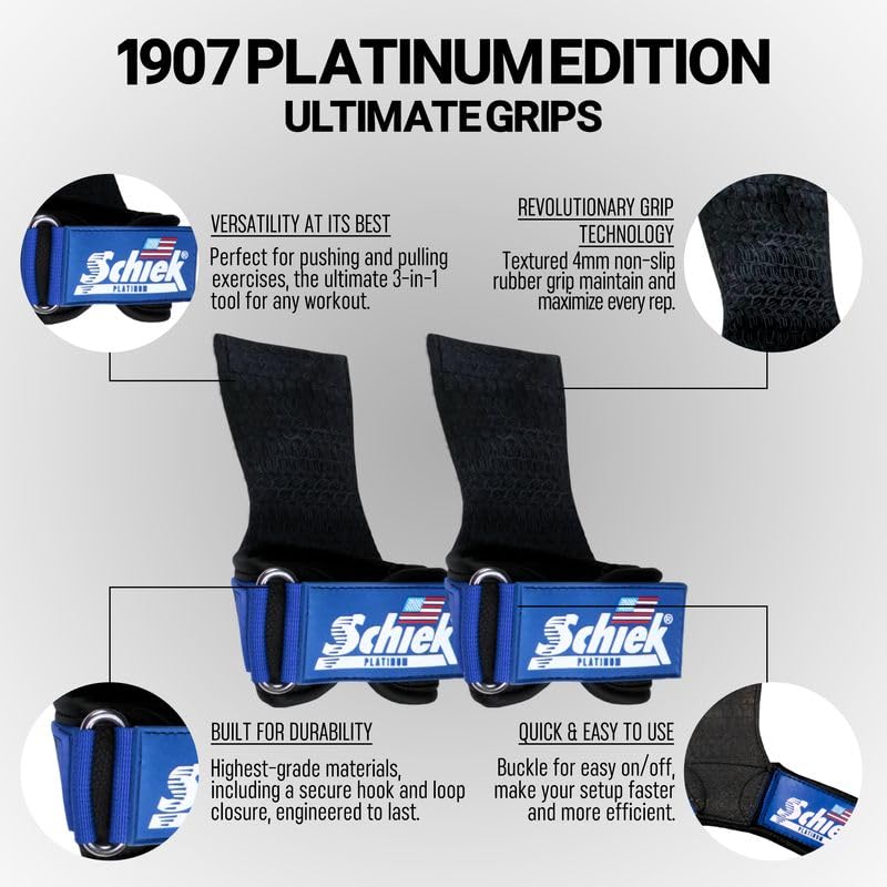 Schiek Sports Model 1907 Platinum Edition Ultimate Grips - 3 in 1 Weight Lifting Straps Wrist Wraps and Grip Pads - color: Blue, size: XL