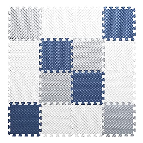 Foam Play Mat for Toddlers, EVA Non-Toxic Interlocking Floor Mats with Solid Colors, Squares Baby Play Mat, EVA Foam Floor Mat Foam Mats for Kids, Baby, 16 Tiles(White/Light Gray/Dark Blue) - color: White/Gray/Dark Blue, size: 16 Pcs/47.2*47.2